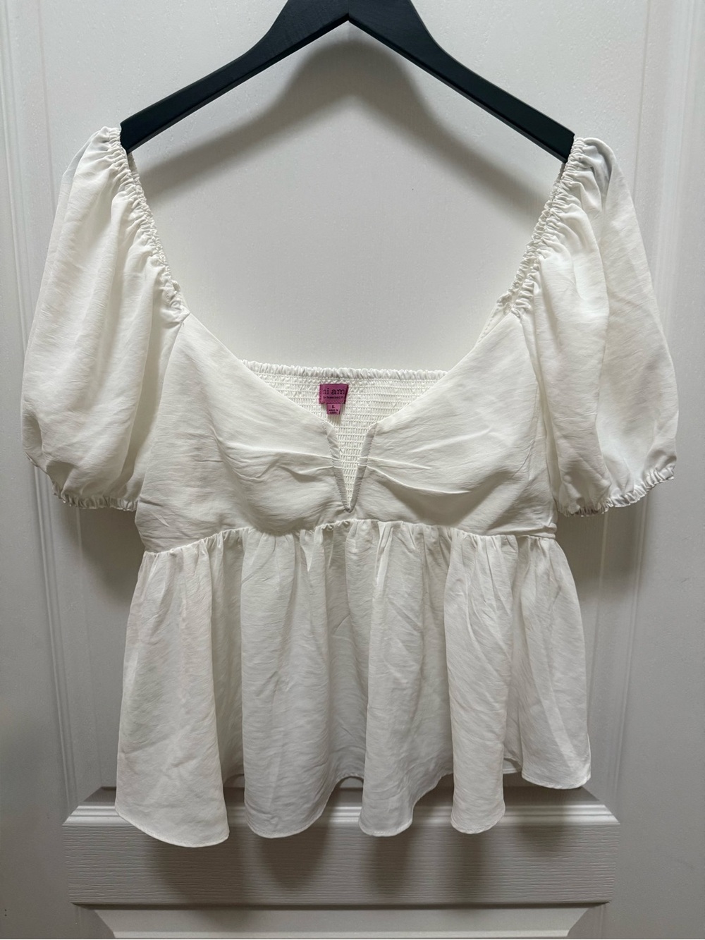 NWT Mi Ami by Francesca’s White Puff Sleeve Peplum Top Square Neck Large
